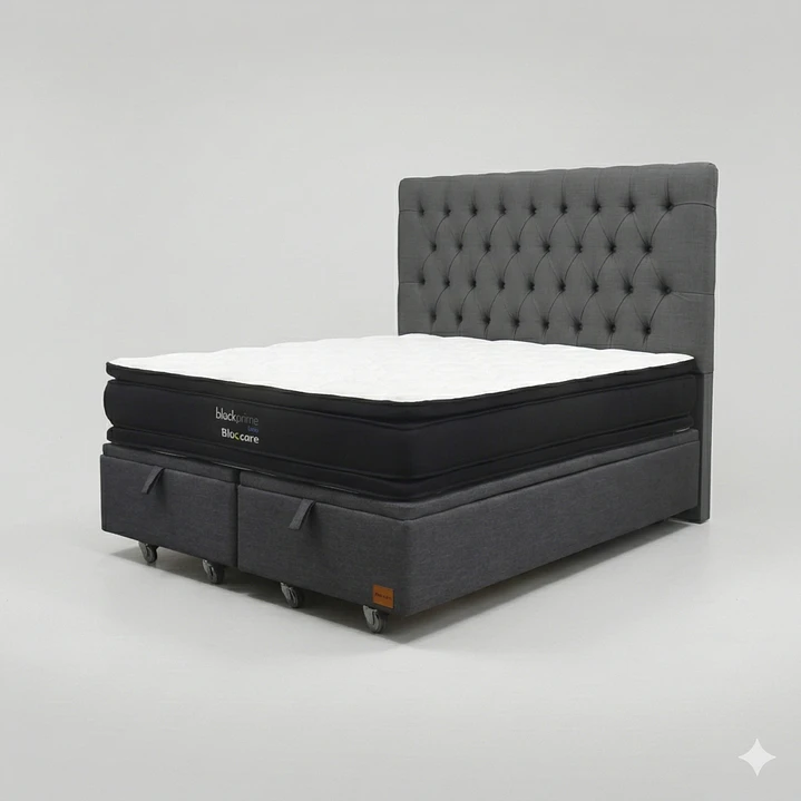 Cama Baul King - Colchon black prime + Respaldo CAPITONNE PREMIUM / Ruedas 17