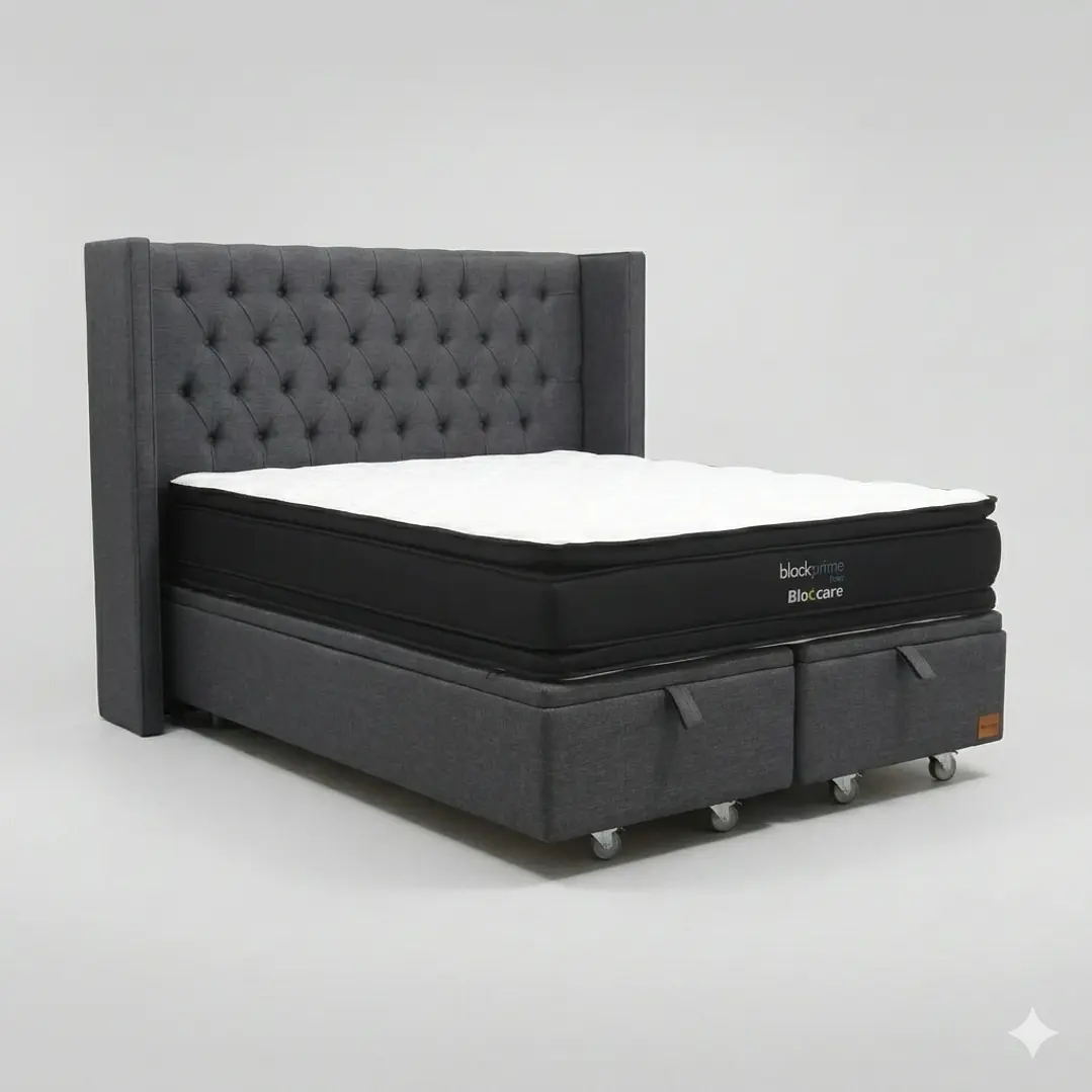 Cama Baul King - Colchon black prime + Respaldo CAPITONNE PREMIUM / Ruedas 23
