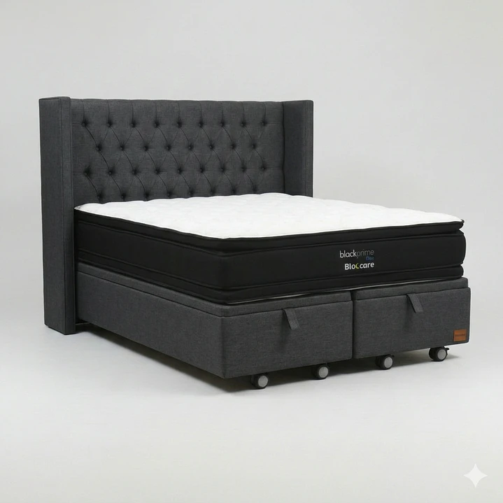 Cama Baul King - Colchon black prime + Respaldo CAPITONNE PREMIUM / Ruedas 21