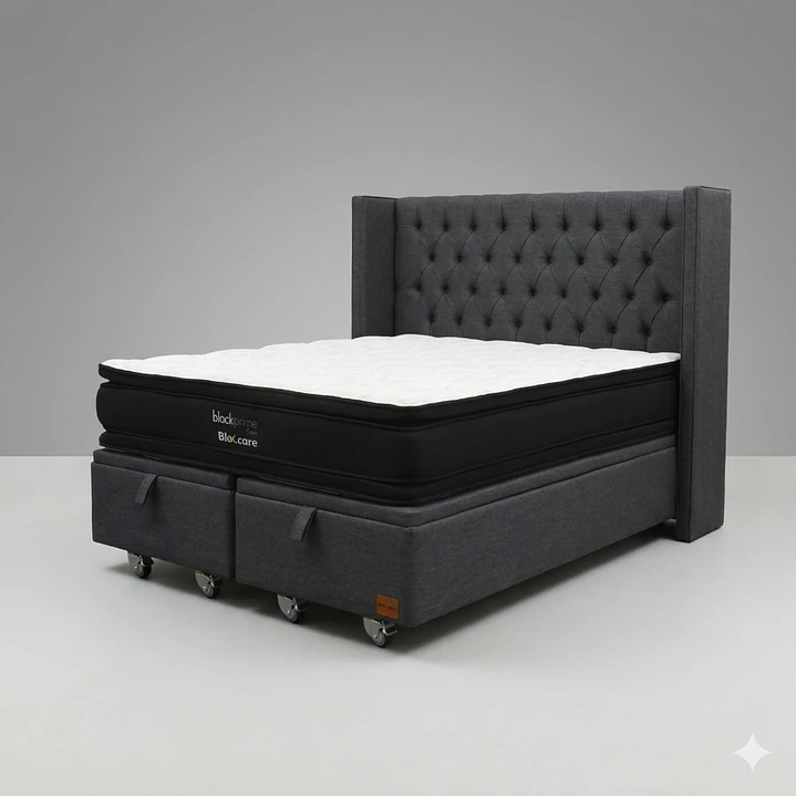 Cama Baul King - Colchon black prime + Respaldo CAPITONNE PREMIUM / Ruedas 25