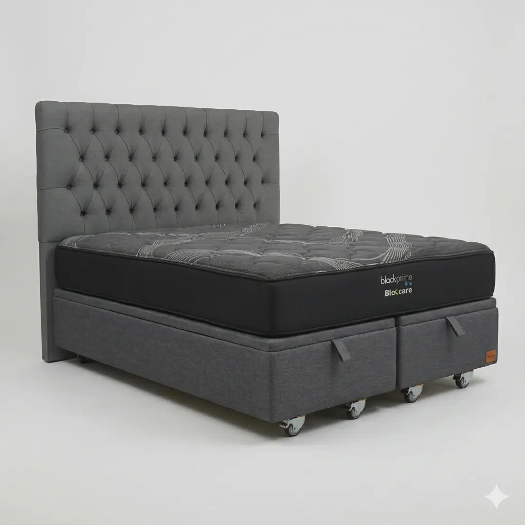 Cama Baul Super King - Colchon black prime + Respaldo CAPITONNE PREMIUM / Ruedas 7