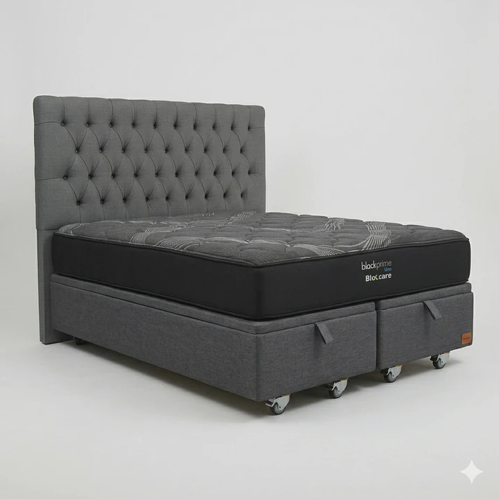 Cama Baul Super King - Colchon black prime + Respaldo CAPITONNE PREMIUM / Ruedas 7