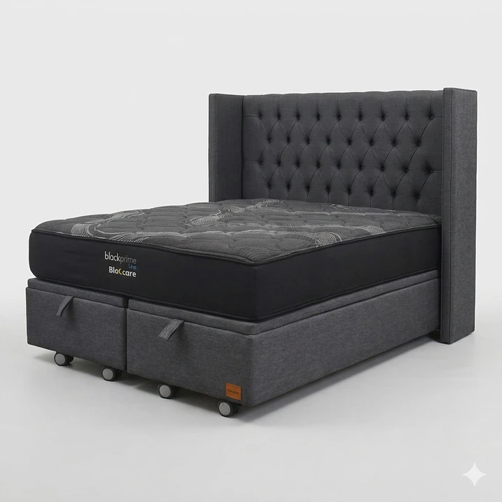 Cama Baul Super King - Colchon black prime + Respaldo CAPITONNE PREMIUM / Ruedas 9