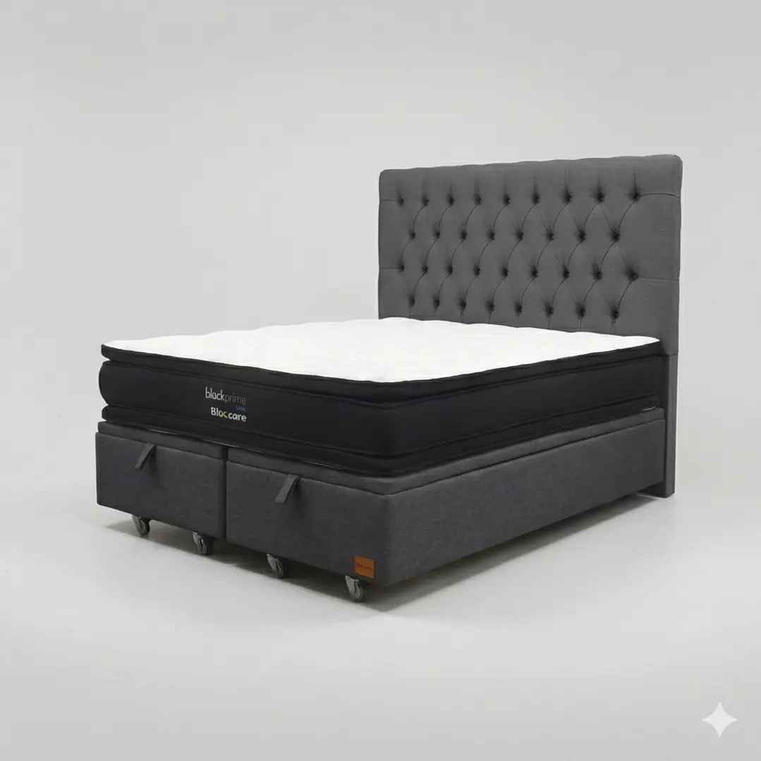 Cama Baul Super King - Colchon black prime + Respaldo CAPITONNE PREMIUM / Ruedas 17