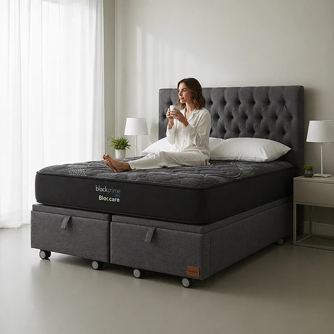 Cama Baul Super King - Colchon black prime + Respaldo CAPITONNE PREMIUM / Ruedas