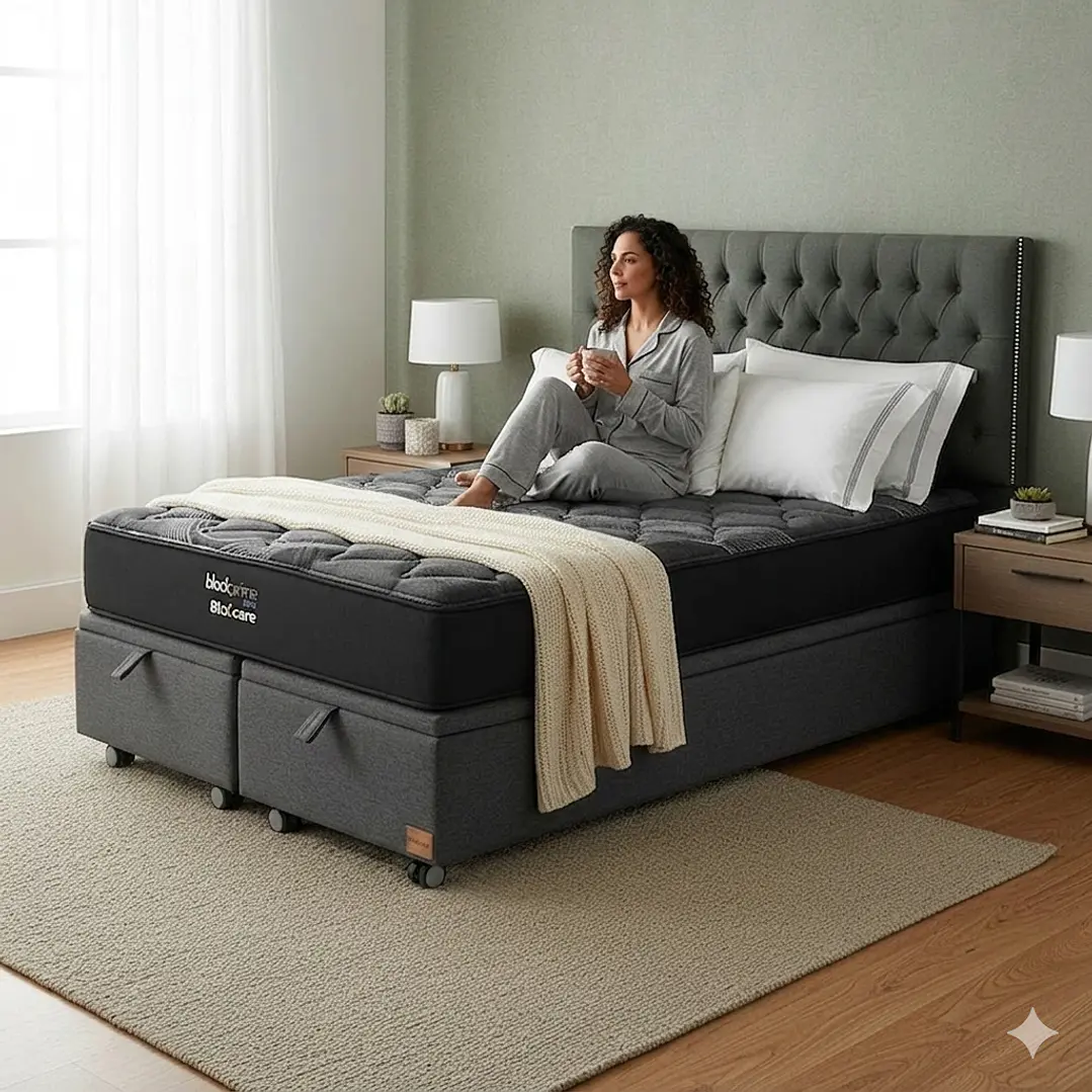 Cama Baul 2 Plazas - Colchon black prime + Respaldo CAPITONNE TACHAS / Ruedas 1