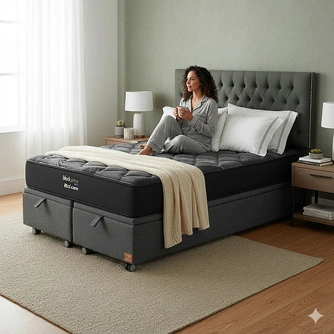 Cama Baul 2 Plazas - Colchon black prime + Respaldo CAPITONNE TACHAS / Ruedas