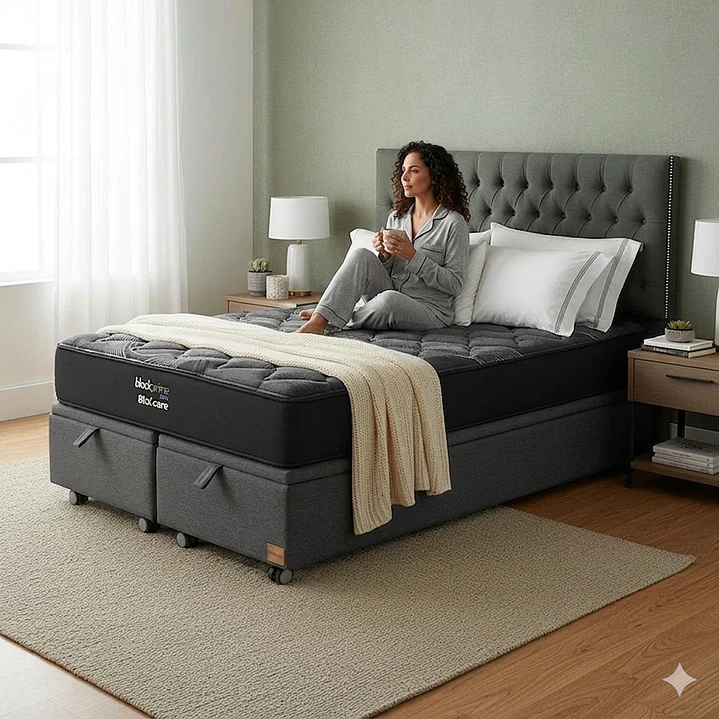 Cama Baul 2 Plazas - Colchon black prime + Respaldo CAPITONNE TACHAS / Ruedas 1