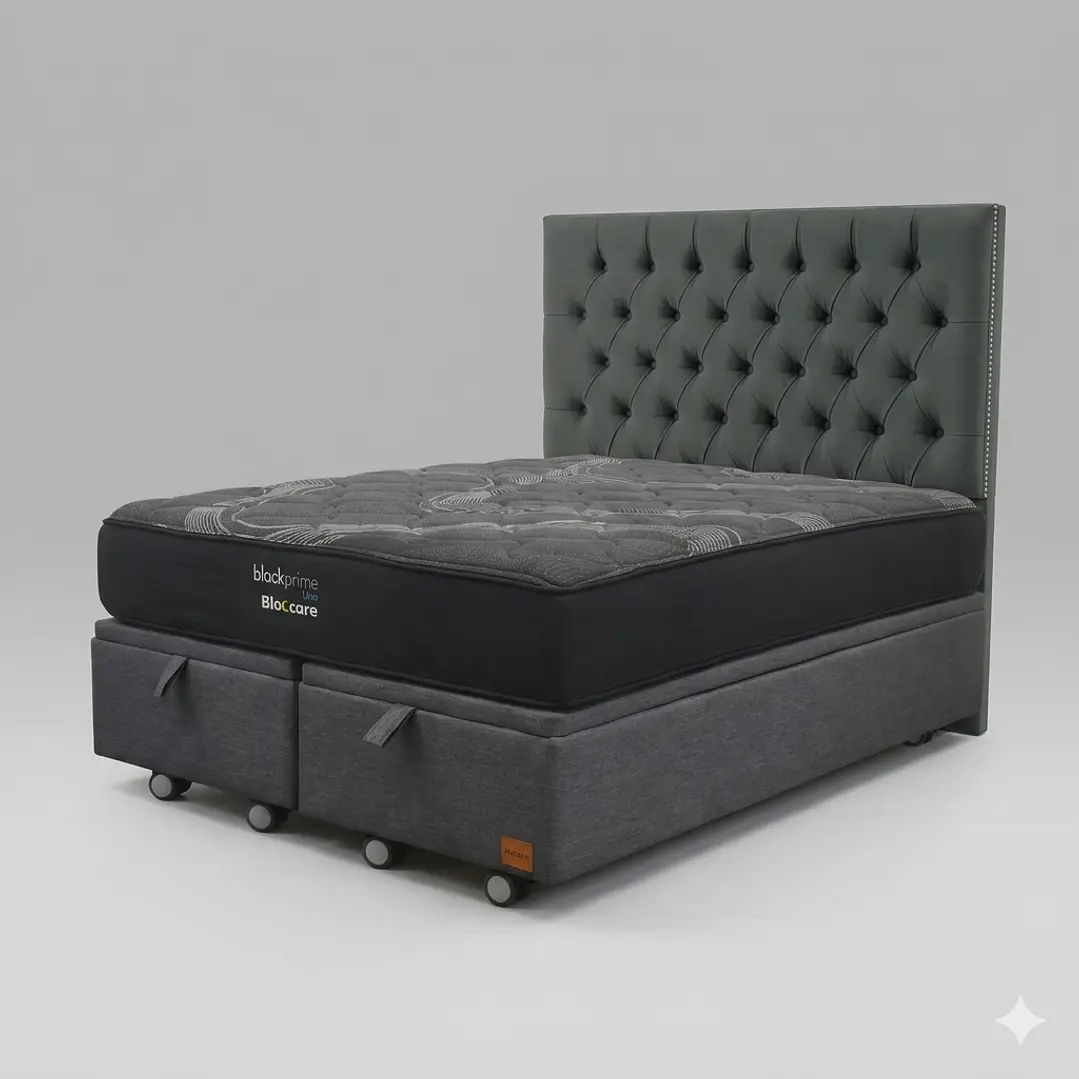 Cama Baul 2 Plazas - Colchon black prime + Respaldo CAPITONNE TACHAS / Ruedas 3