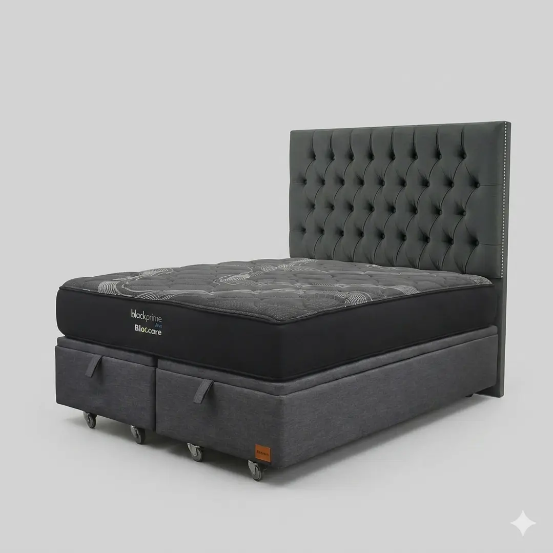 Cama Baul 2 Plazas - Colchon black prime + Respaldo CAPITONNE TACHAS / Ruedas 5
