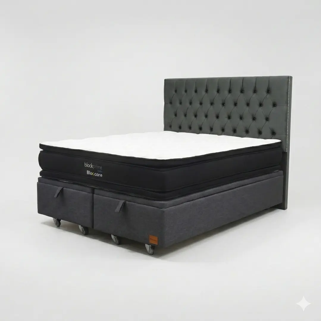 Cama Baul 2 Plazas - Colchon black prime + Respaldo CAPITONNE TACHAS / Ruedas 17