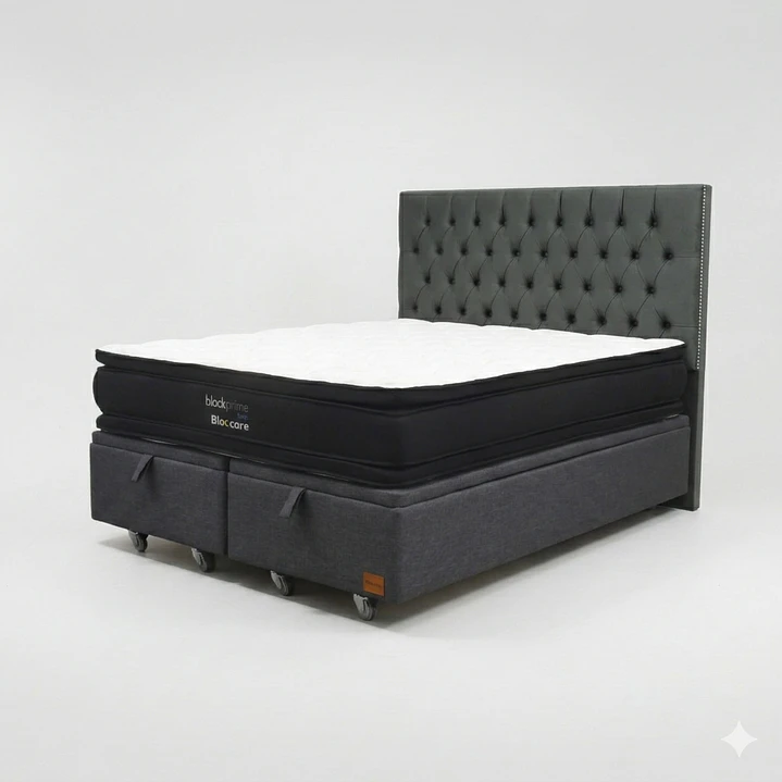 Cama Baul 2 Plazas - Colchon black prime + Respaldo CAPITONNE TACHAS / Ruedas 17