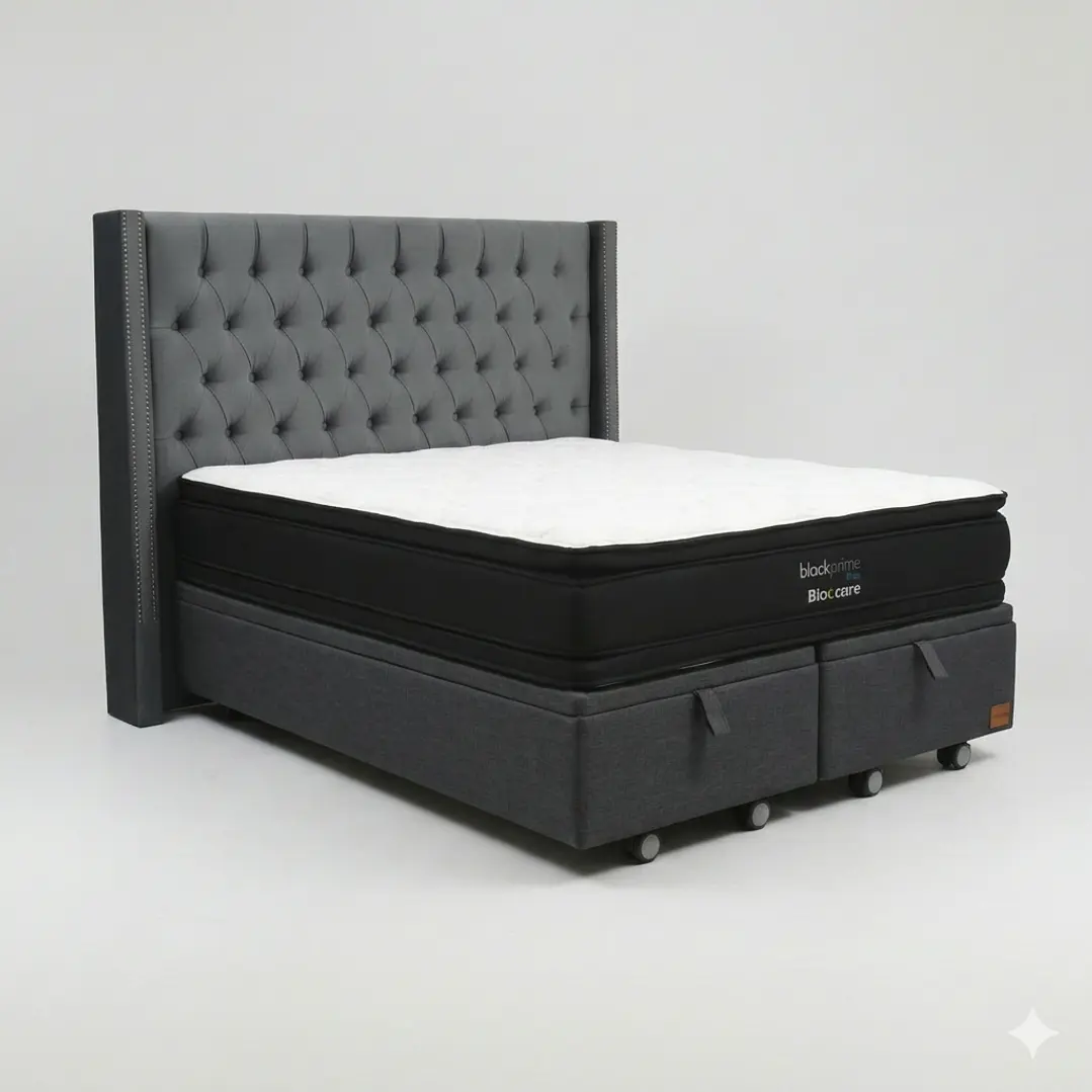Cama Baul 2 Plazas - Colchon black prime + Respaldo CAPITONNE TACHAS / Ruedas 21