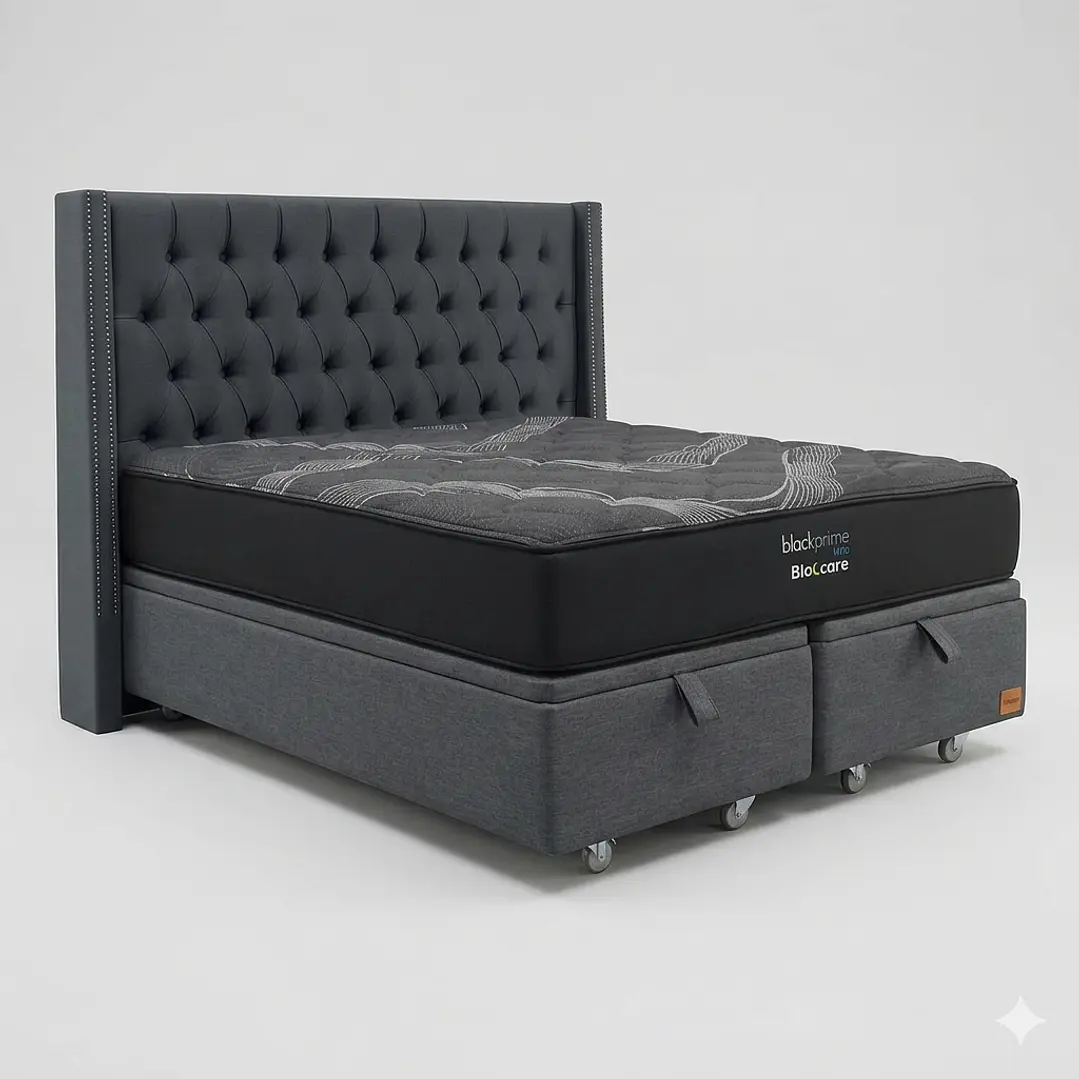 Cama Baul King - Colchon black prime + Respaldo CAPITONNE TACHAS / Ruedas 11