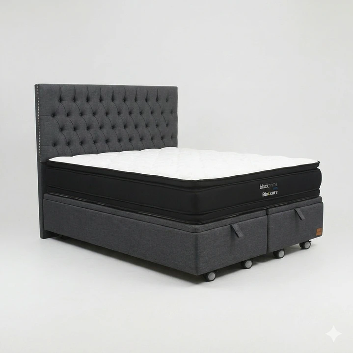 Cama Baul King - Colchon black prime + Respaldo CAPITONNE TACHAS / Ruedas 15