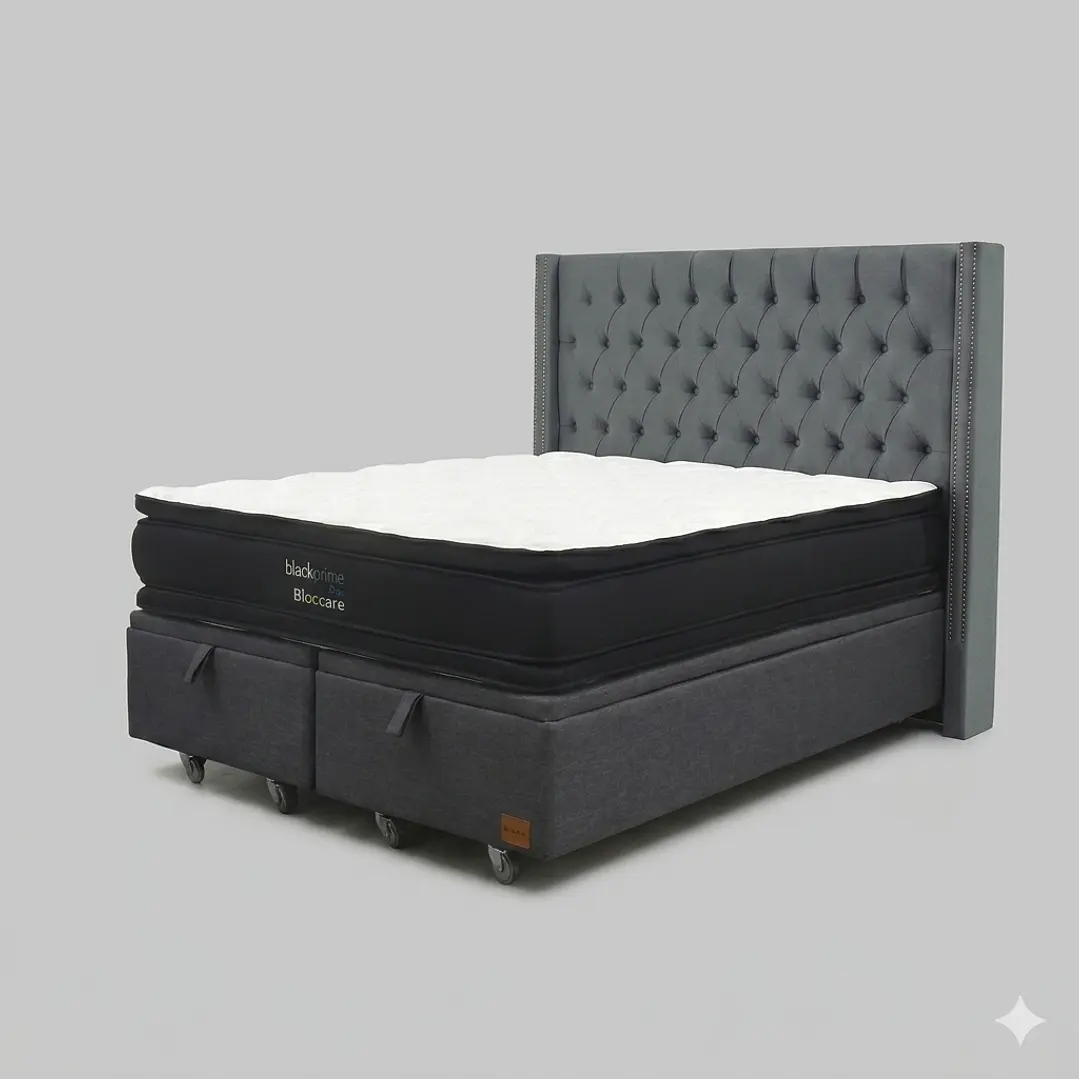 Cama Baul King - Colchon black prime + Respaldo CAPITONNE TACHAS / Ruedas 23