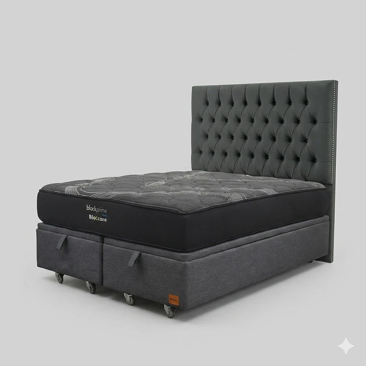 Cama Baul Super King - Colchon black prime + Respaldo CAPITONNE TACHAS / Ruedas 5