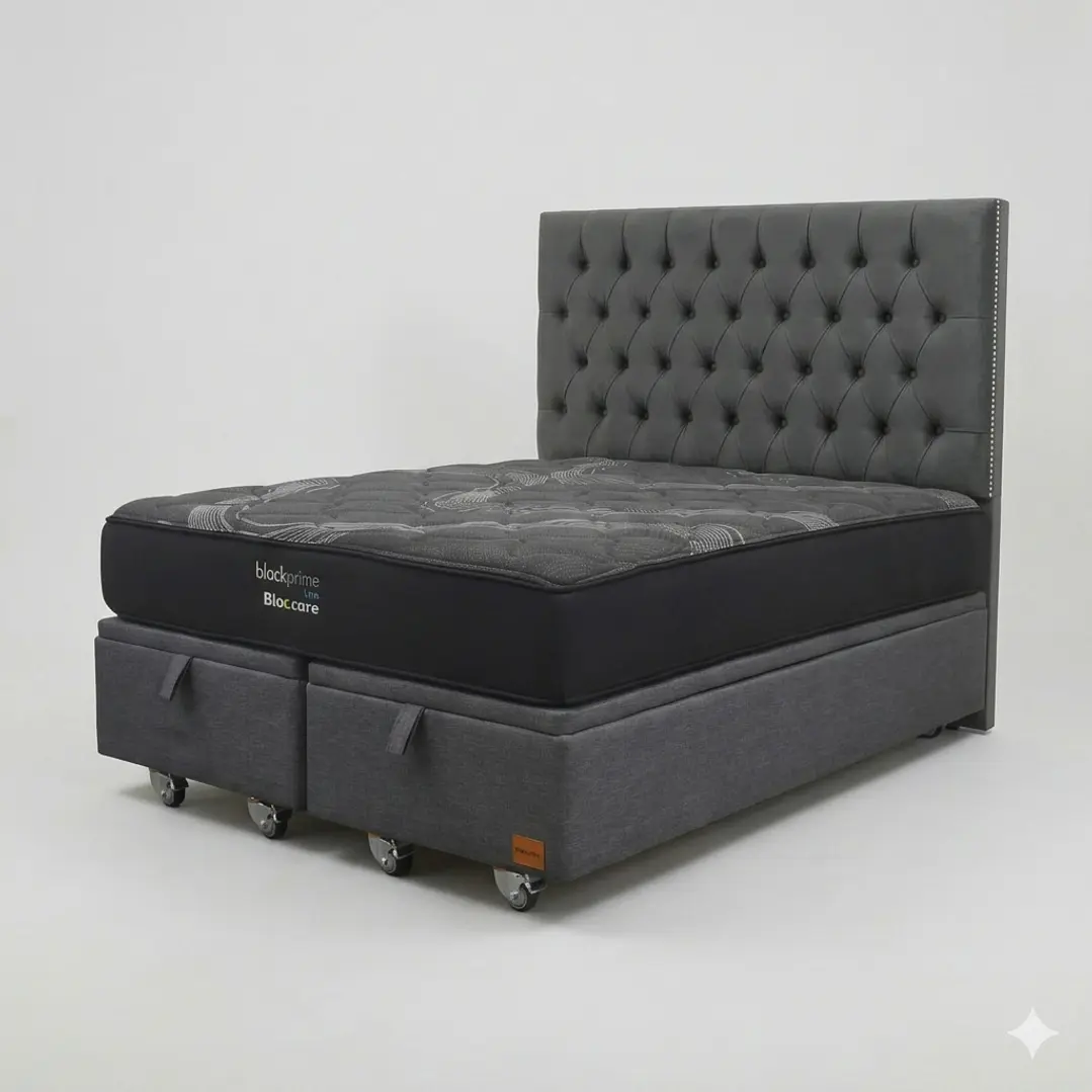 Cama Baul Super King - Colchon black prime + Respaldo CAPITONNE TACHAS / Ruedas 7