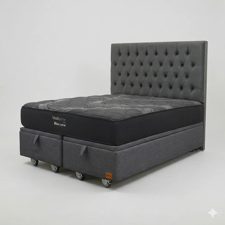 Cama Baul Super King - Colchon black prime + Respaldo CAPITONNE TACHAS / Ruedas 7