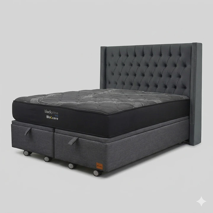 Cama Baul Super King - Colchon black prime + Respaldo CAPITONNE TACHAS / Ruedas 9