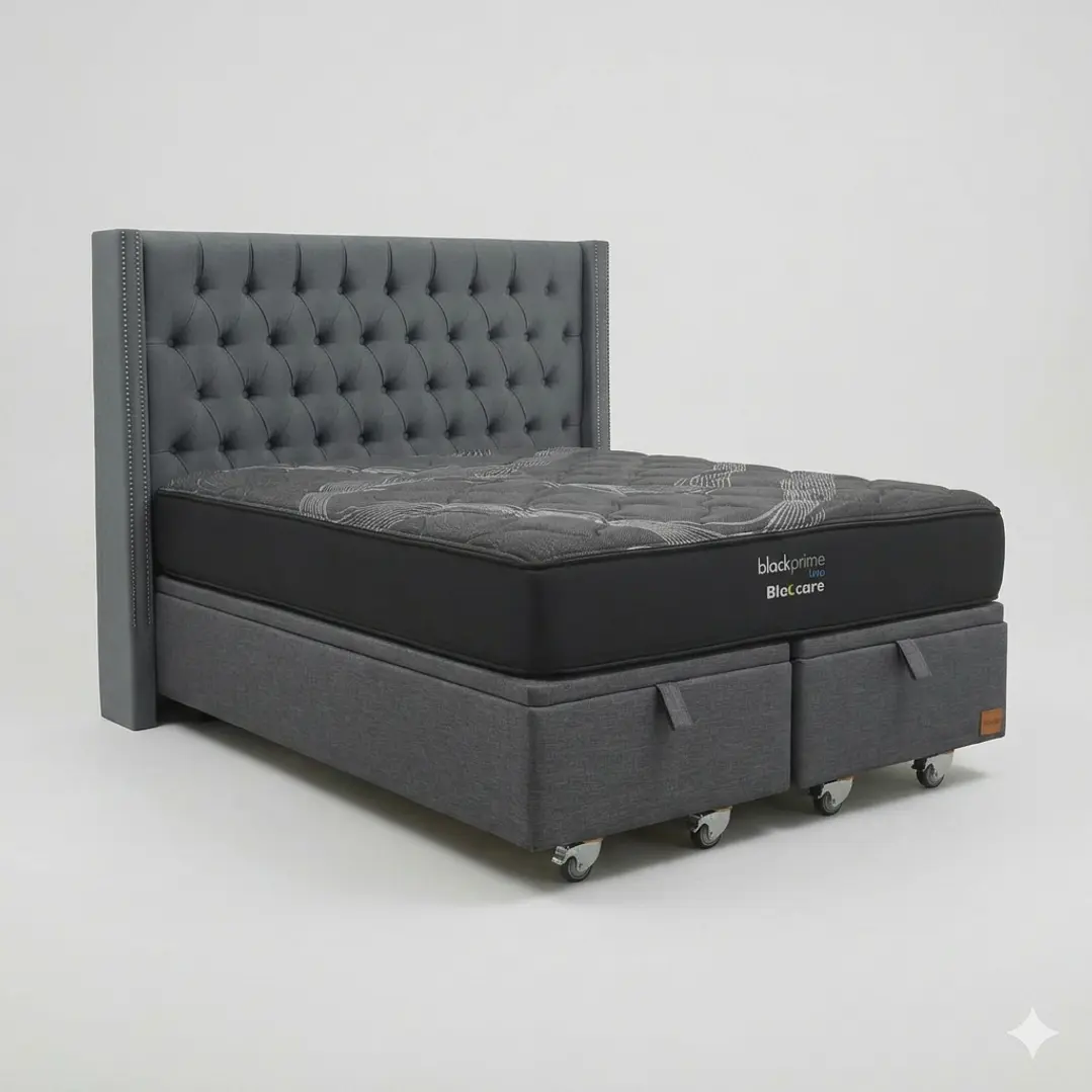 Cama Baul Super King - Colchon black prime + Respaldo CAPITONNE TACHAS / Ruedas 13