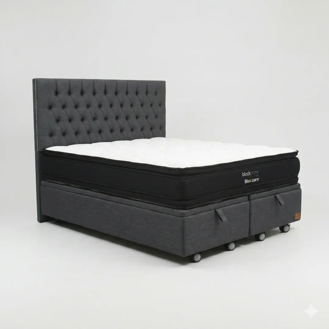 Cama Baul Super King - Colchon black prime + Respaldo CAPITONNE TACHAS / Ruedas 15