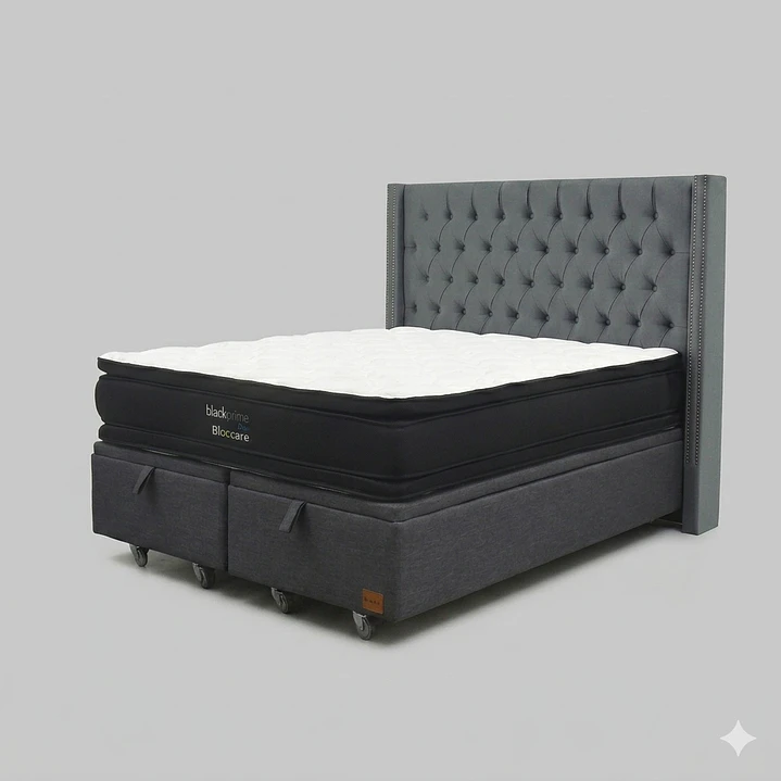 Cama Baul Super King - Colchon black prime + Respaldo CAPITONNE TACHAS / Ruedas 23