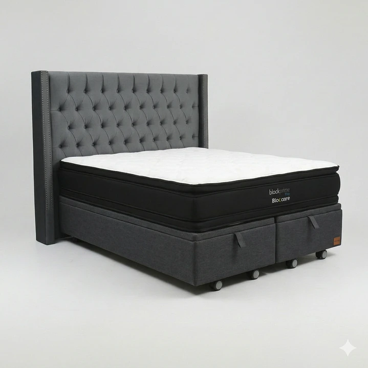 Cama Baul Super King - Colchon black prime + Respaldo CAPITONNE TACHAS / Ruedas 21