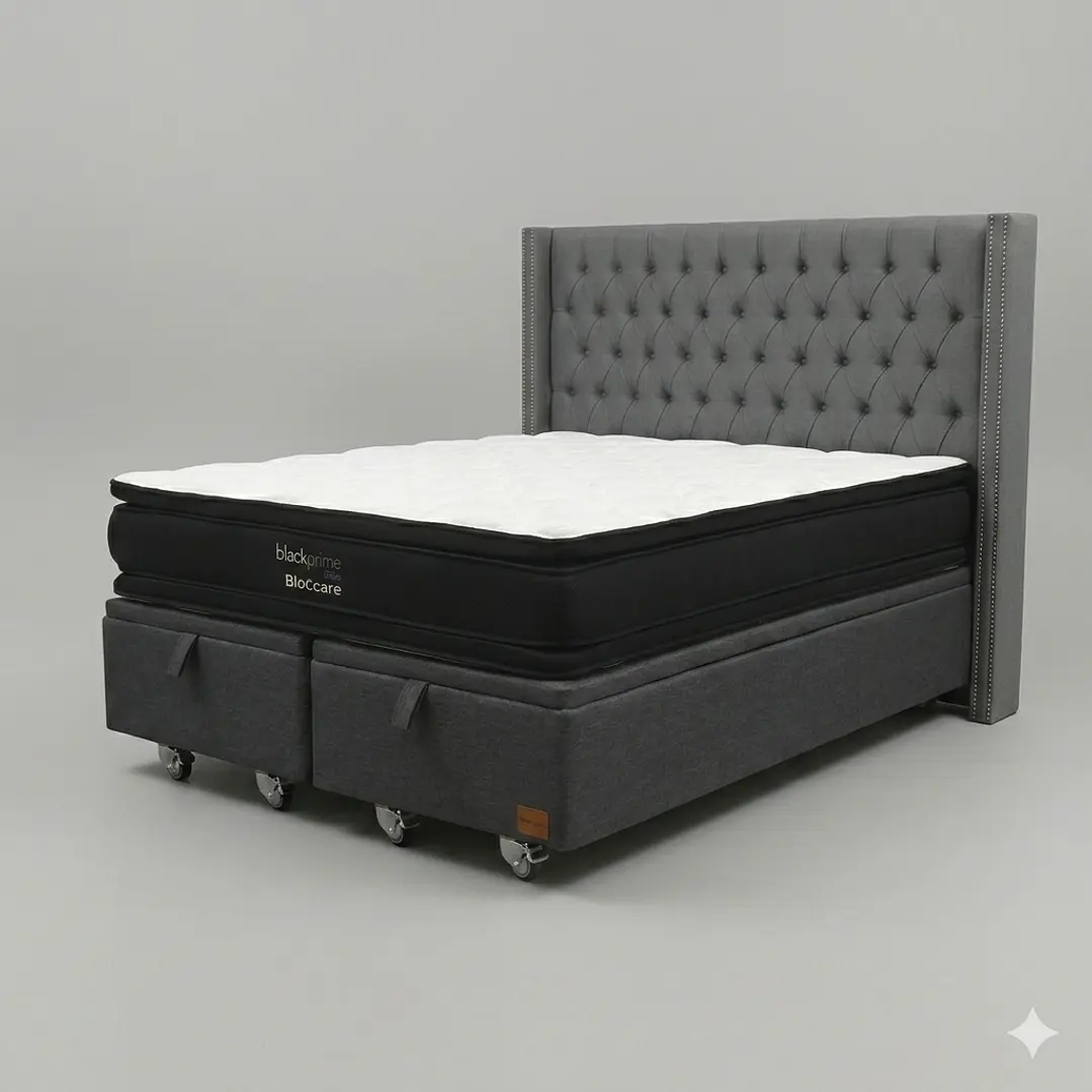 Cama Baul Super King - Colchon black prime + Respaldo CAPITONNE TACHAS / Ruedas 25