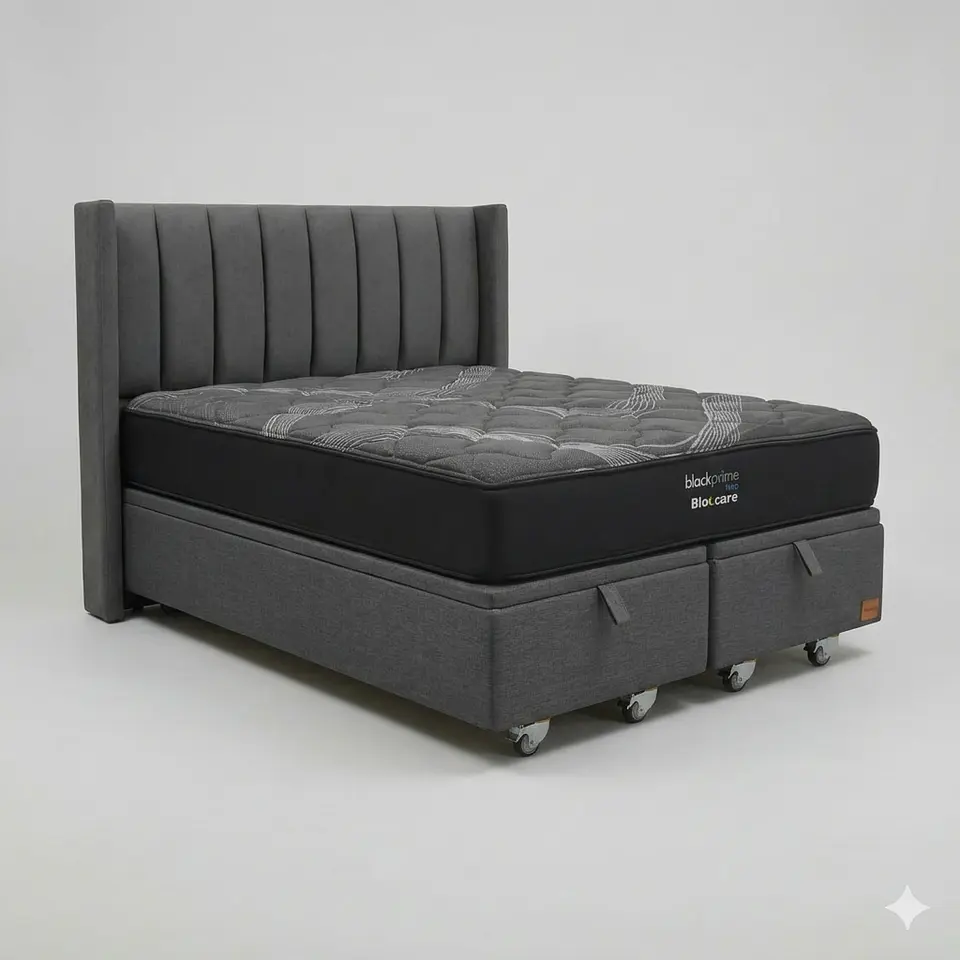 Cama Baul King - Colchon black prime + Respaldo TUBULAR  / Ruedas 13
