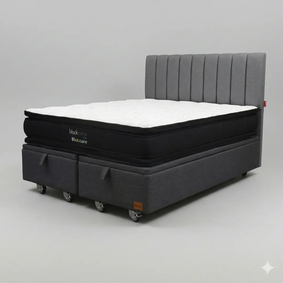 Cama Baul King - Colchon black prime + Respaldo TUBULAR  / Ruedas 19