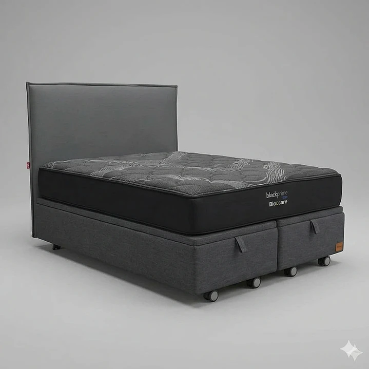 Cama Baul 2 Plazas - Colchon black prime + Respaldo Liso Removible y Lavable / Ruedas 3