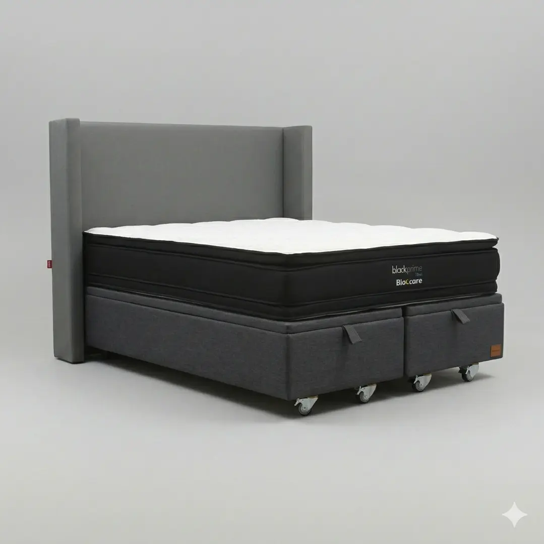 Cama Baul 2 Plazas - Colchon black prime + Respaldo Liso Removible y Lavable / Ruedas 25
