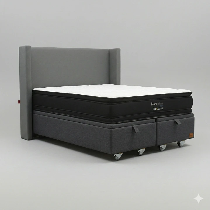 Cama Baul 2 Plazas - Colchon black prime + Respaldo Liso Removible y Lavable / Ruedas 25