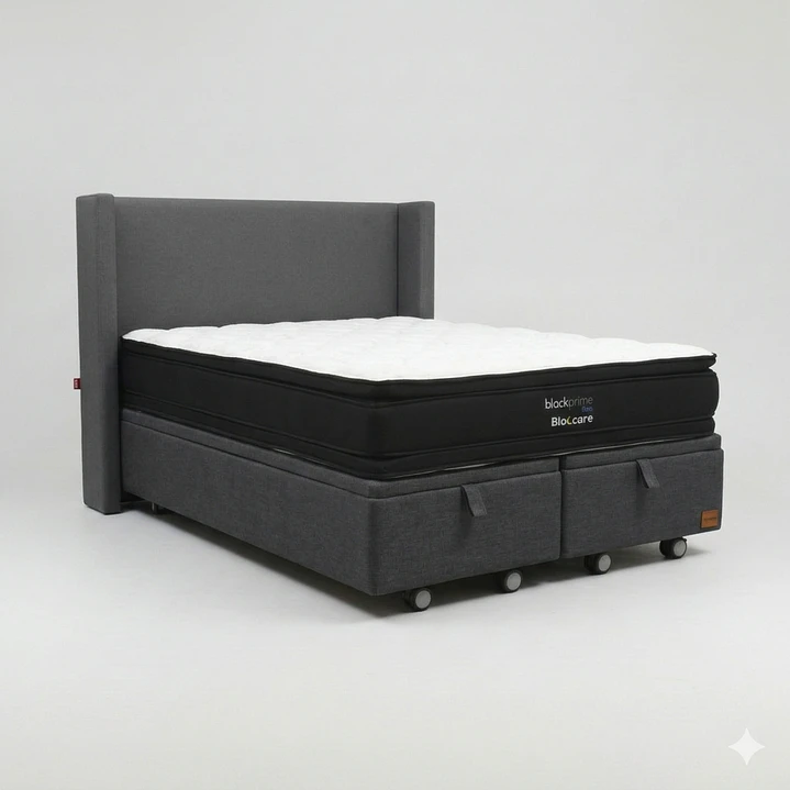 Cama Baul King - Colchon black prime + Respaldo Liso Removible y Lavable / Ruedas 21