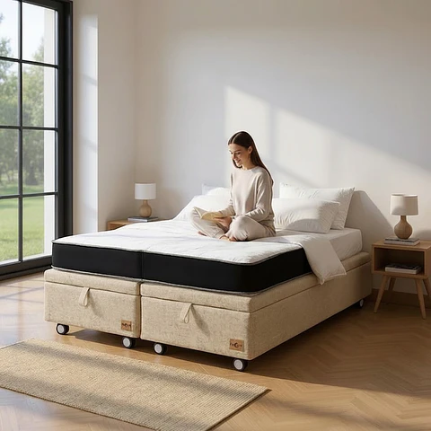 Cama Baul 2 Plazas + Colchon Black / Con Ruedas (Beige)