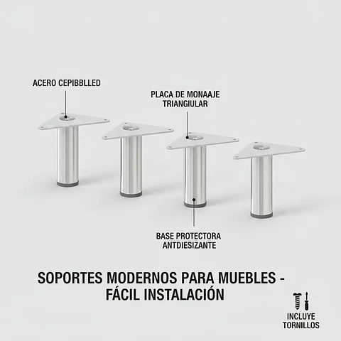 Kit de 4 Patas Con Placa Para Sillones y Gabinetes Altura 10 Cm