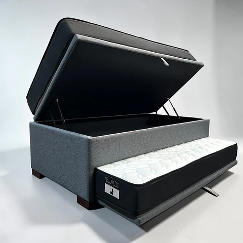 Cama Baúl TRIPLE 1.5p - 200cm Arriba / 190cm Abajo + Colchón Black - Patas Madera