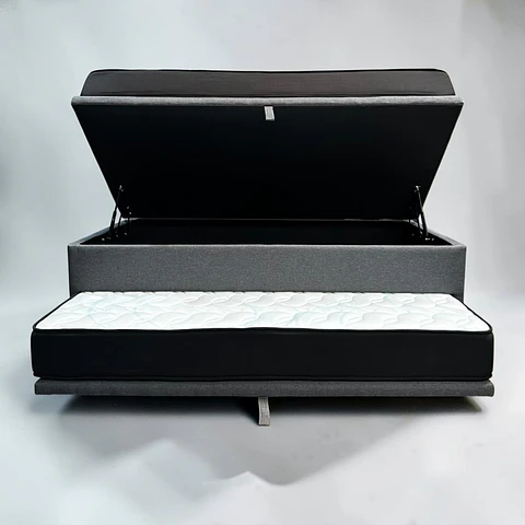 Cama Baúl TRIPLE 1.5p - 200cm Arriba / 190cm Abajo + Colchón Black - Patas Madera