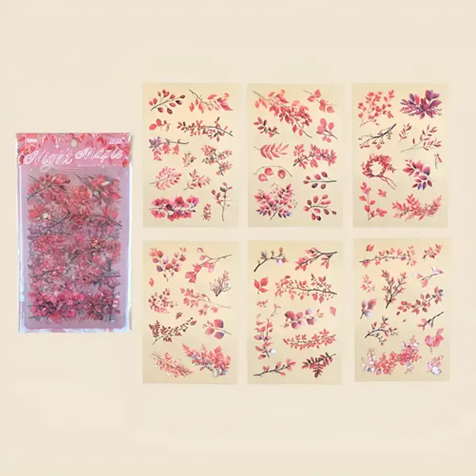6 Láminas Stickers De Hojas Rojas Junk Journal Journaling 1