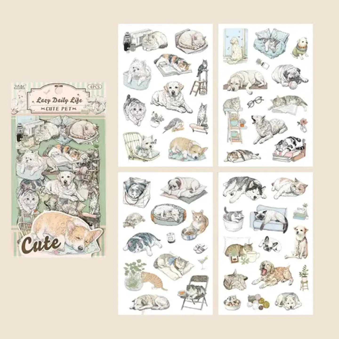 4 Láminas De Stickers Mascotas Animalitos Junk Journal 2