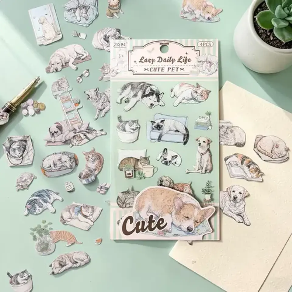 4 Láminas De Stickers Mascotas Animalitos Junk Journal 24