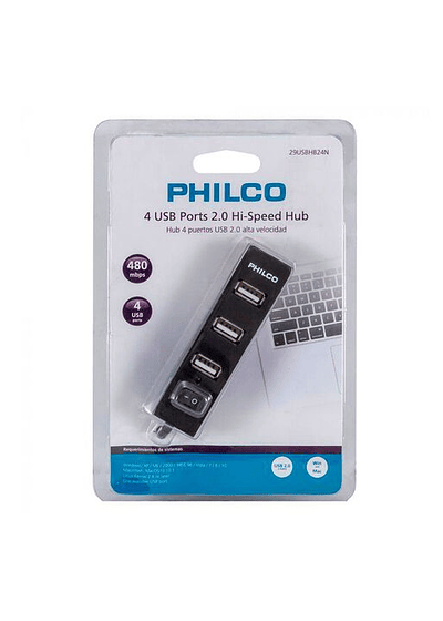 MINI HUB USB 2.0  4 PUERTOS NEGRO PHILCO
