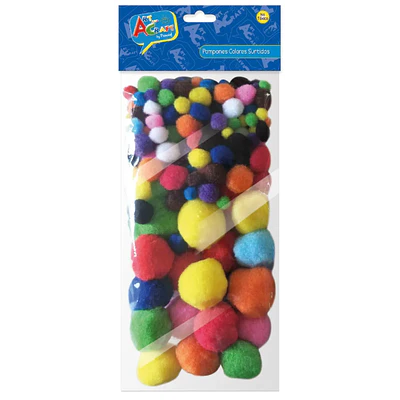 POMPONES 130 PCS. COLORES TAMAÑOS SURTIDOS