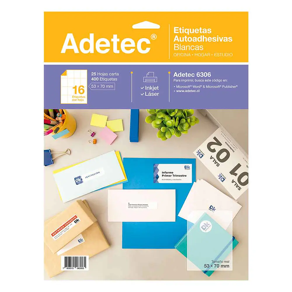 ETIQUETA AUTOADHESIVA LASER 53X70mm BLANCA X 25H. ADETEC