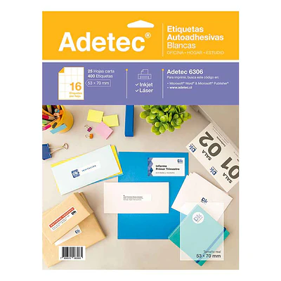 ETIQUETA AUTOADHESIVA LASER 53X70mm BLANCA X 25H. ADETEC