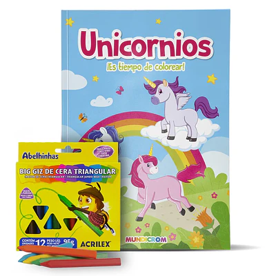 LIBRO DE PINTAR UNICORNIO + 12 LÁPICES DE COLORES CERA