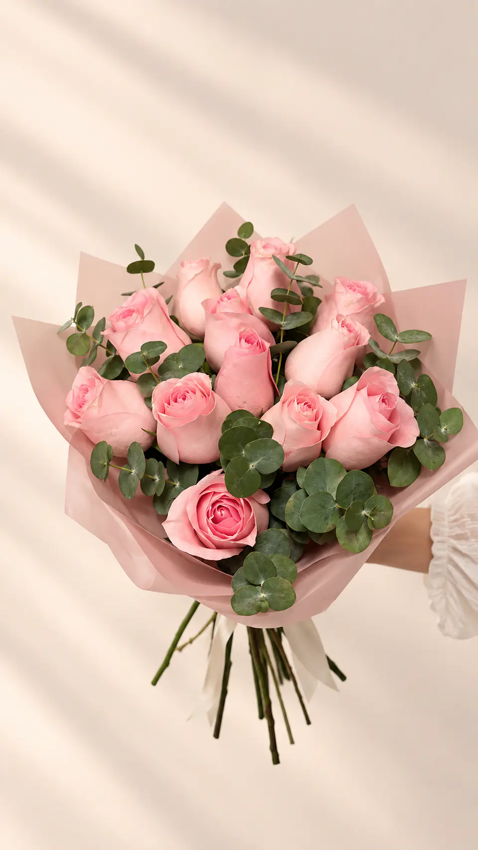 Ramo de 12 Rosas Rosadas y Follaje 2