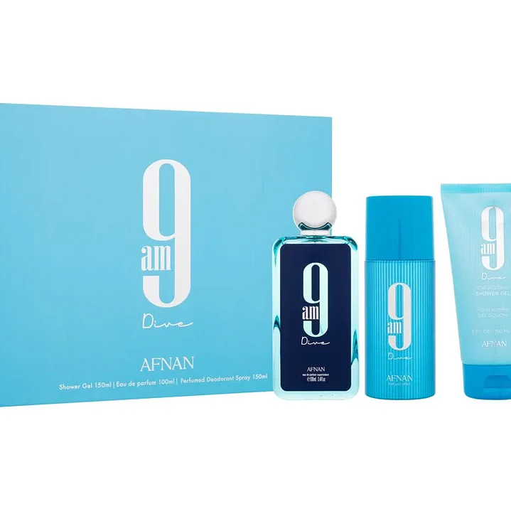 Estuche Afnan 9 am Dive EDP 100ml + Deo 150ml + Shower Gel 150ml Hombre 1