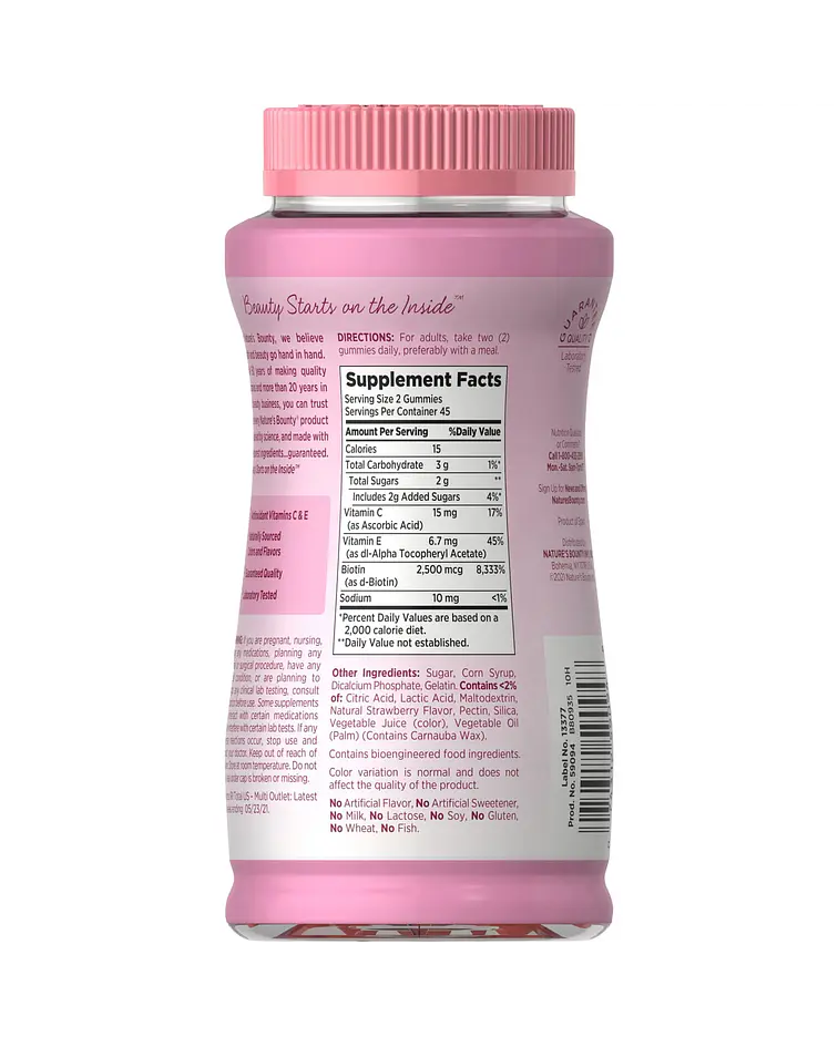 Nature's Bounty Vitaminas para Cabello, Piel y Uñas con Biotina, Multivitamínico 90 Unidades